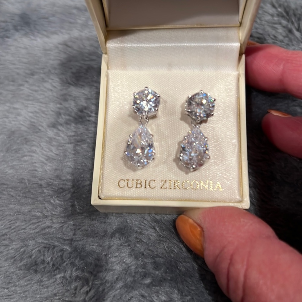 CZ “Diamond” earrings. Round stones with pear shape drop.